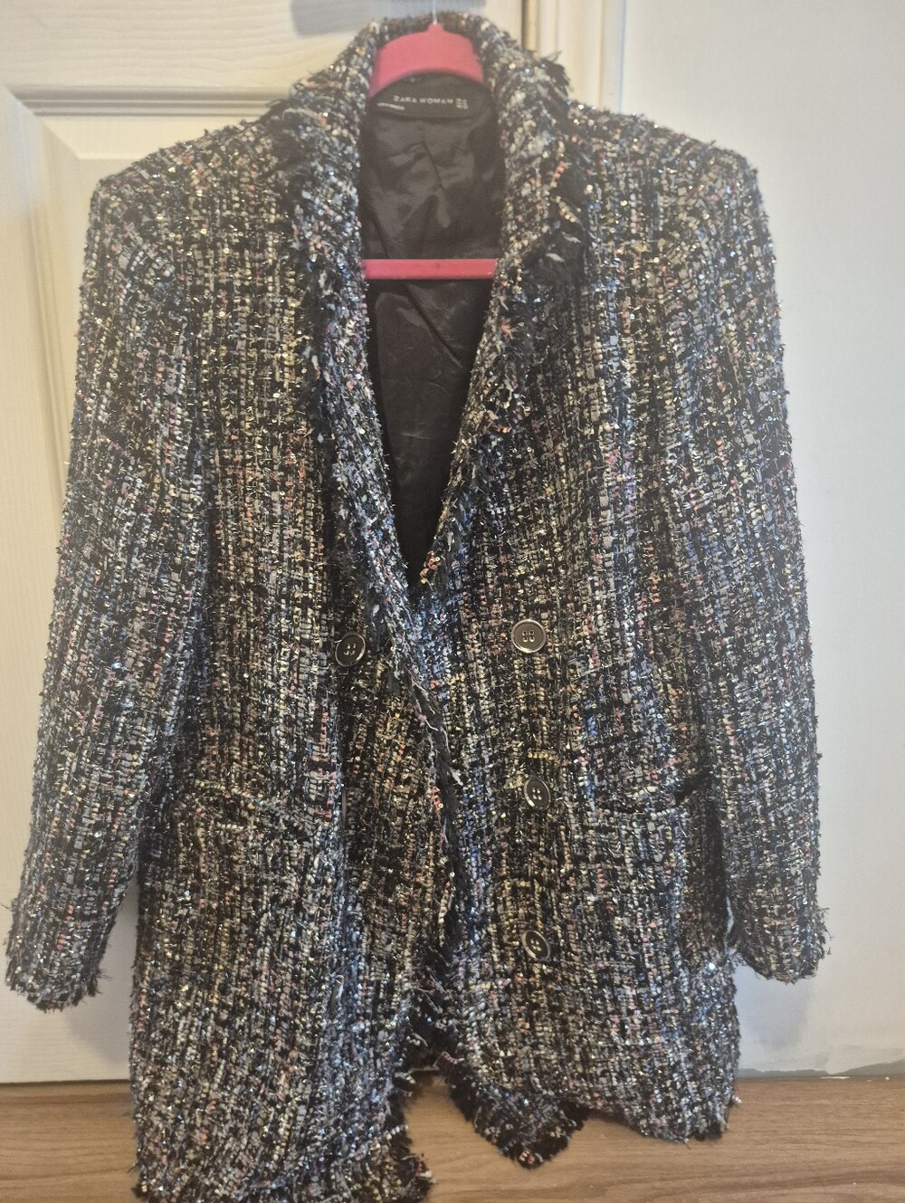 Zara Black Bouclé Blazer with Multicolor Threading Size Xl